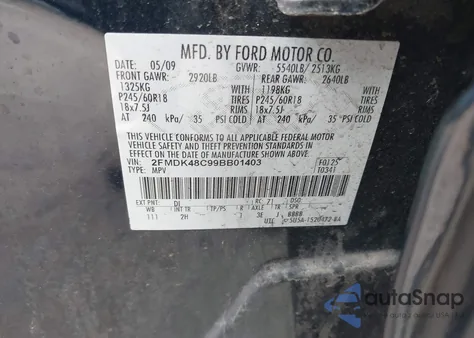 2009 Ford Edge Sel z USA, uszkodzony, nr VIN 2FMDK48C99BB01403